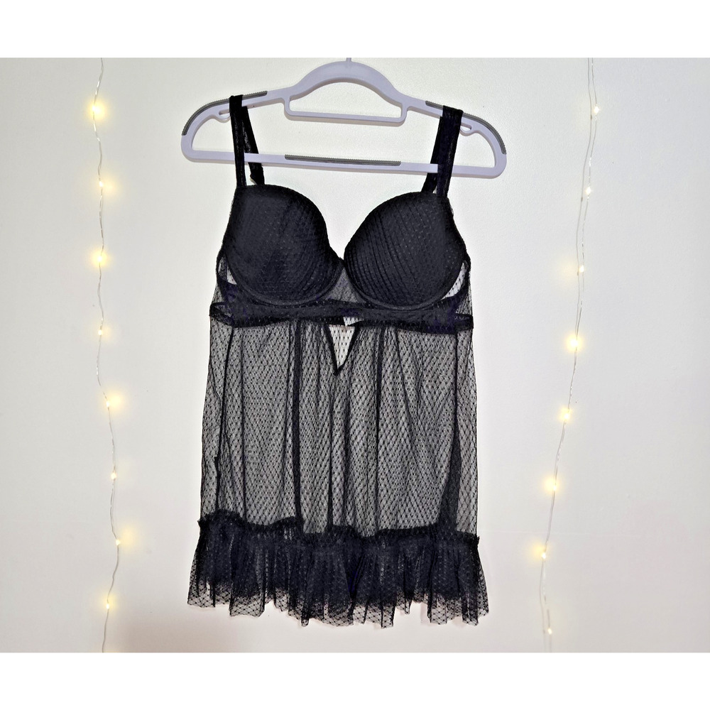 Vintage Y2K Oh La La Cheri Black Sheer Mesh Babydoll Lingerie Top Whimsigoth 38